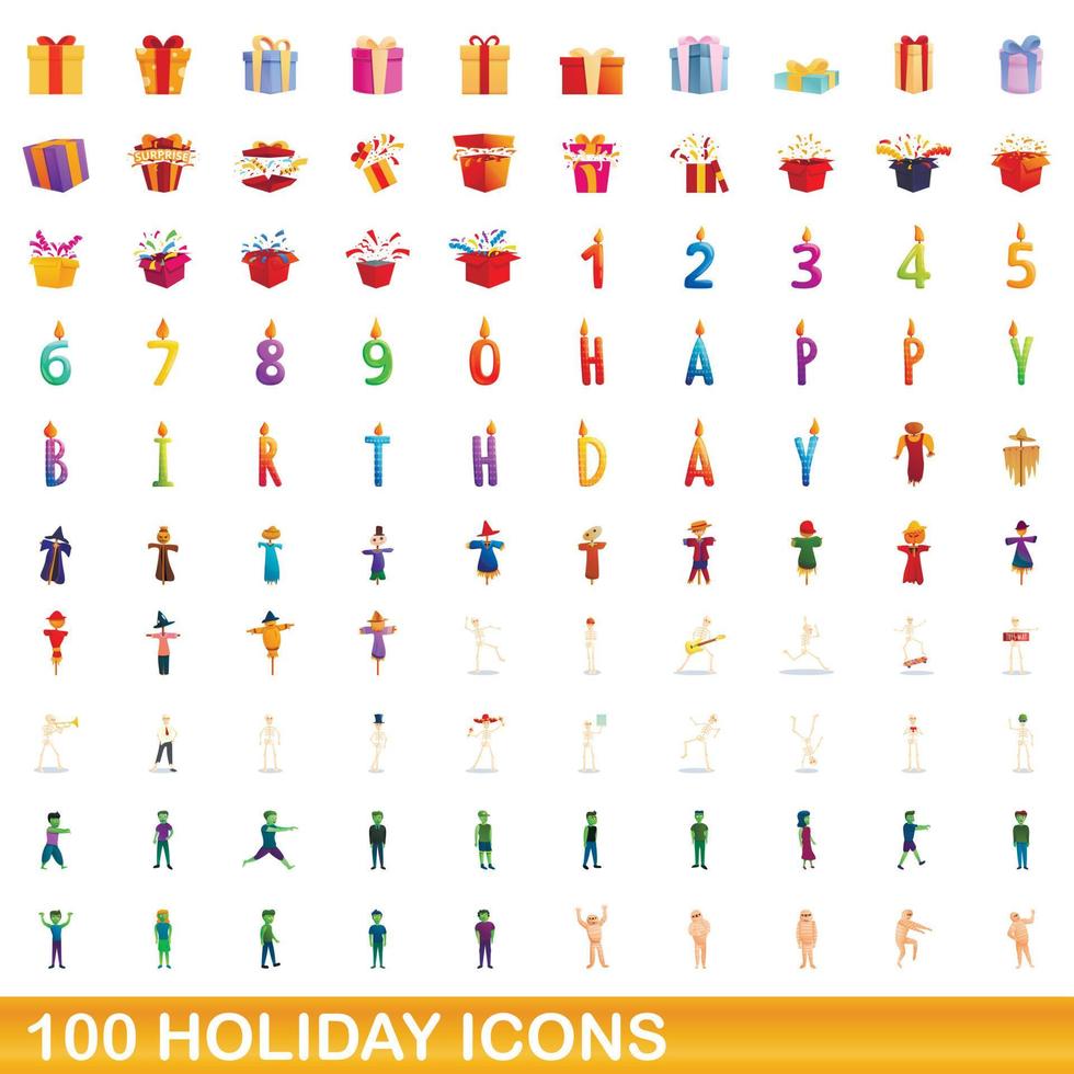 100 holiday icons set, cartoon style vector