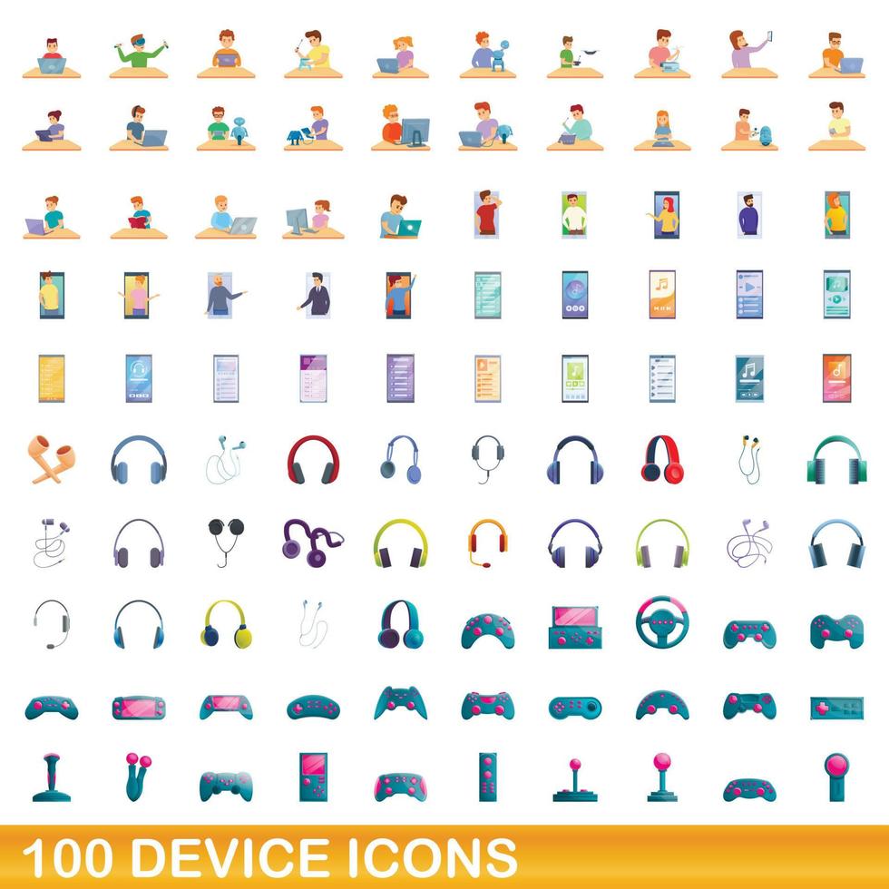 100 device icons set, cartoon style vector