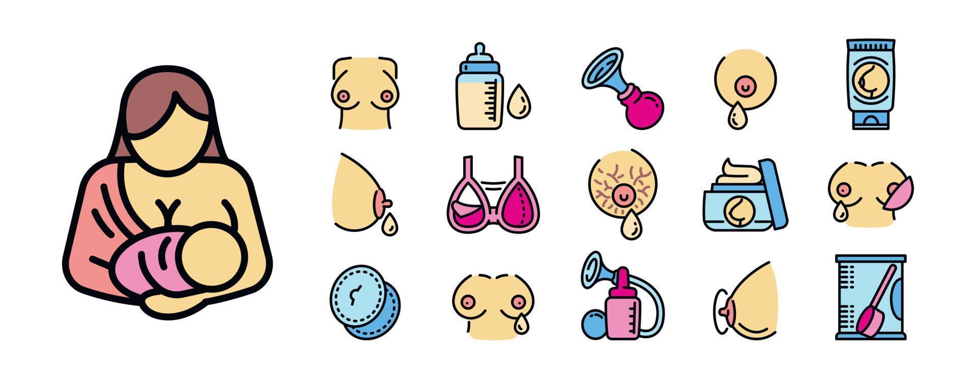 Breastfeeding icons set, outline style vector