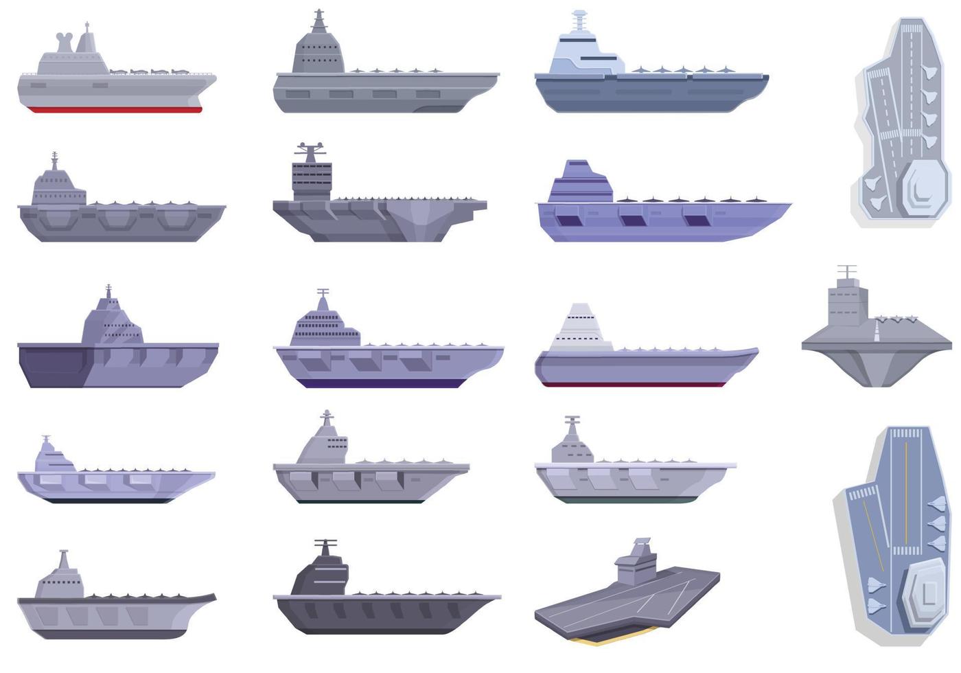 Aircraft carrier icons set, cartoon style vector