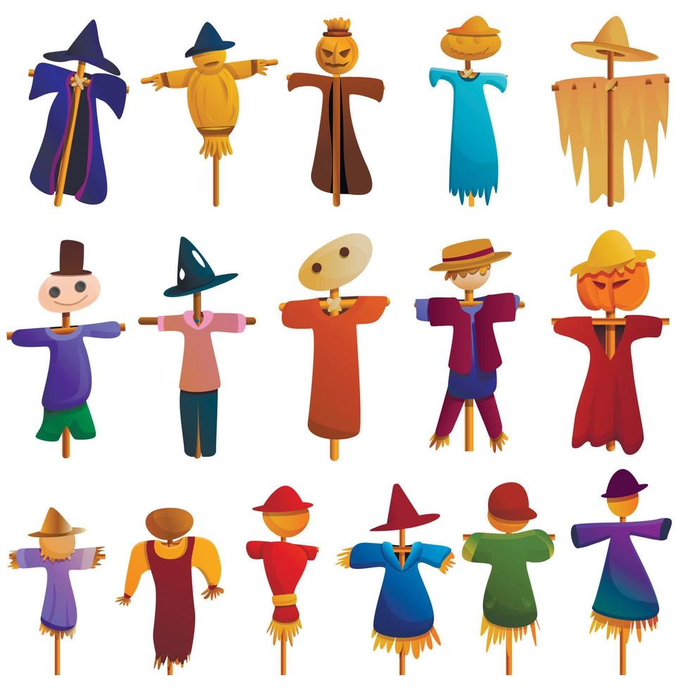 Scarecrow icons set, cartoon style vector