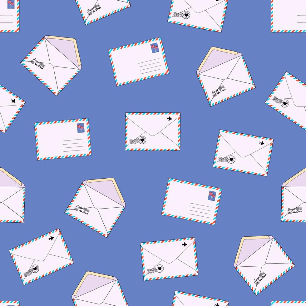 Mail envelopes, postcards and mails seamless pattern on blue background. Mail background, message, open envelope with letter, email vector illustrations. Background texture design for web, print