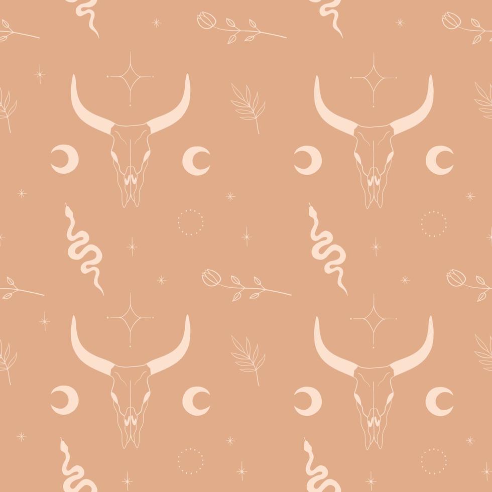 Boho style illustration with buffalo skull, snake, flowers, moon and stars. Wild west design. Seamless pattern in pastel color vector