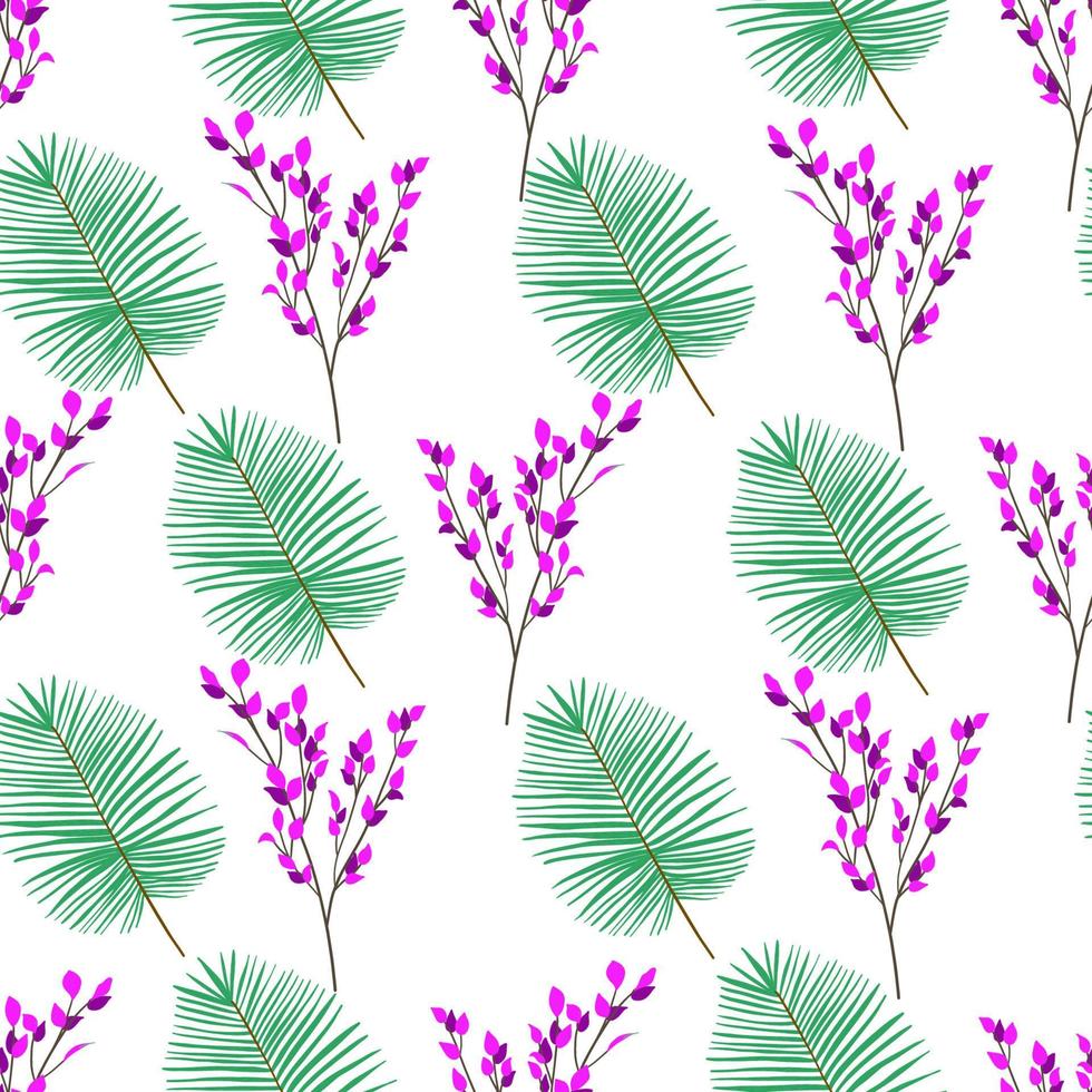 Seamless pattern of flower and leaf on white background. Beautiful plants. Trendy summer print. Hand drawn vector illustration