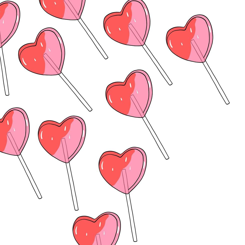 piruletas rojas sobre fondo blanco. banner de caramelo de corazón con espacio para texto. ilustración para el día de san valentín, cumpleaños, día de la boda vector