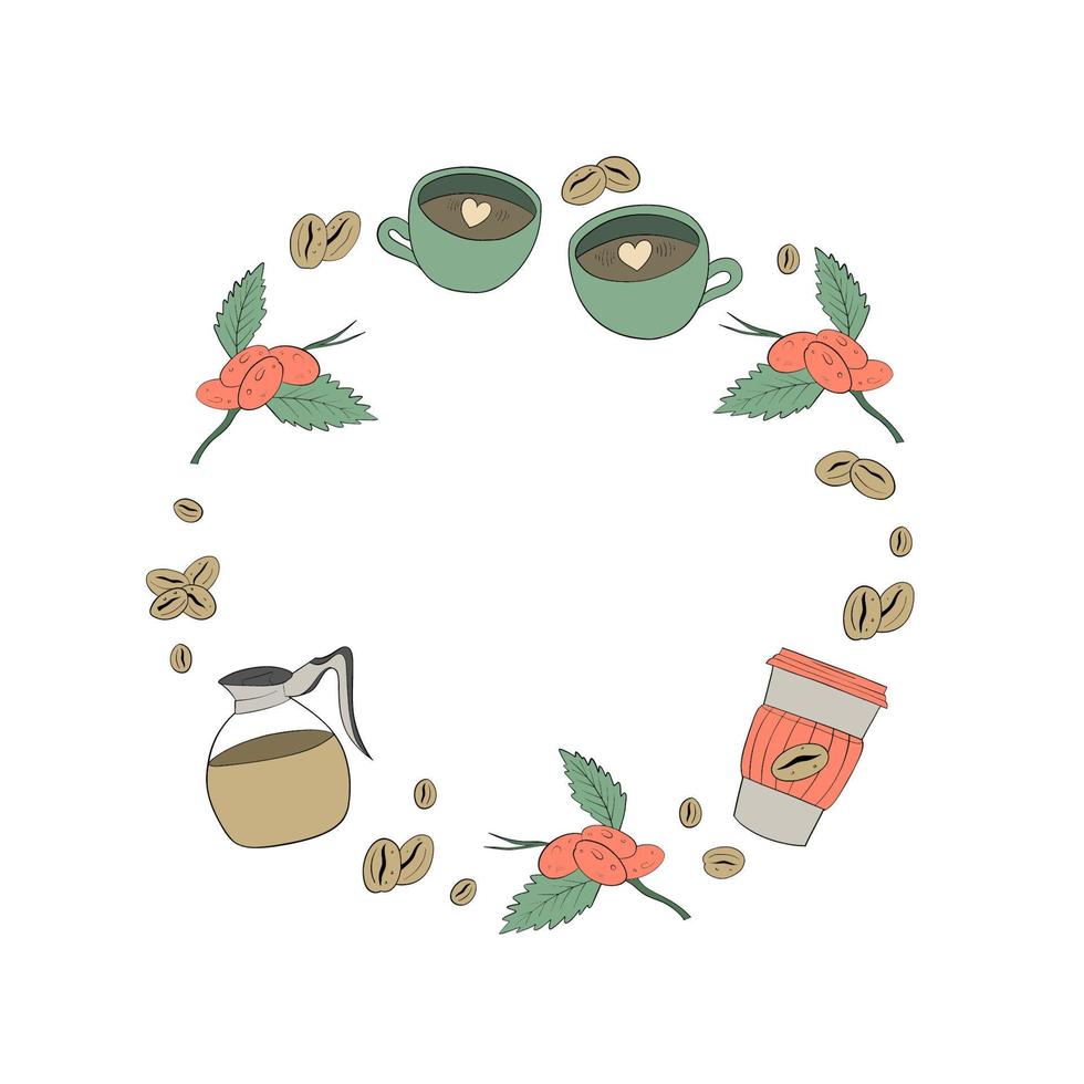 Vector frame with doodle cup of coffee, coffee pot, coffee tree and beans. Vintage design with coffee elements. Hand drawn illustrations for coffe shop, cafe, menu