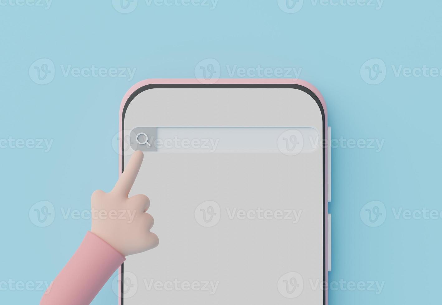 3d render of hand touching on minimal searching menu bar or blank banner magnifying on mobile phone with copy space on pastel earth tone background. Scene for mock up and presentation. photo