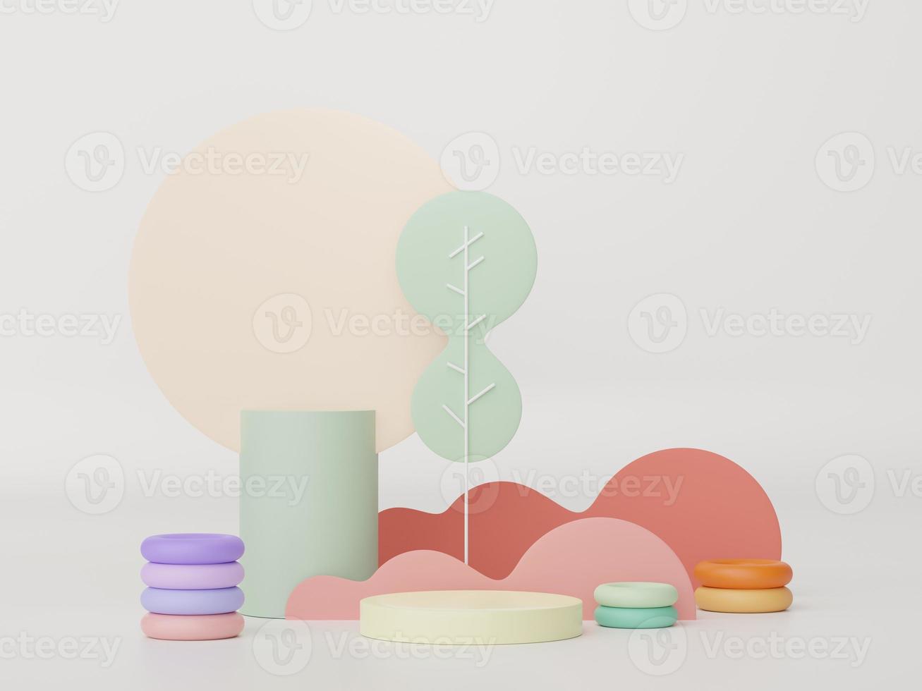 3d render of minimal display podium design for mock up and product presentation. Pedestal stage with pastel color scene. Trendy design for mock up and web banner. photo