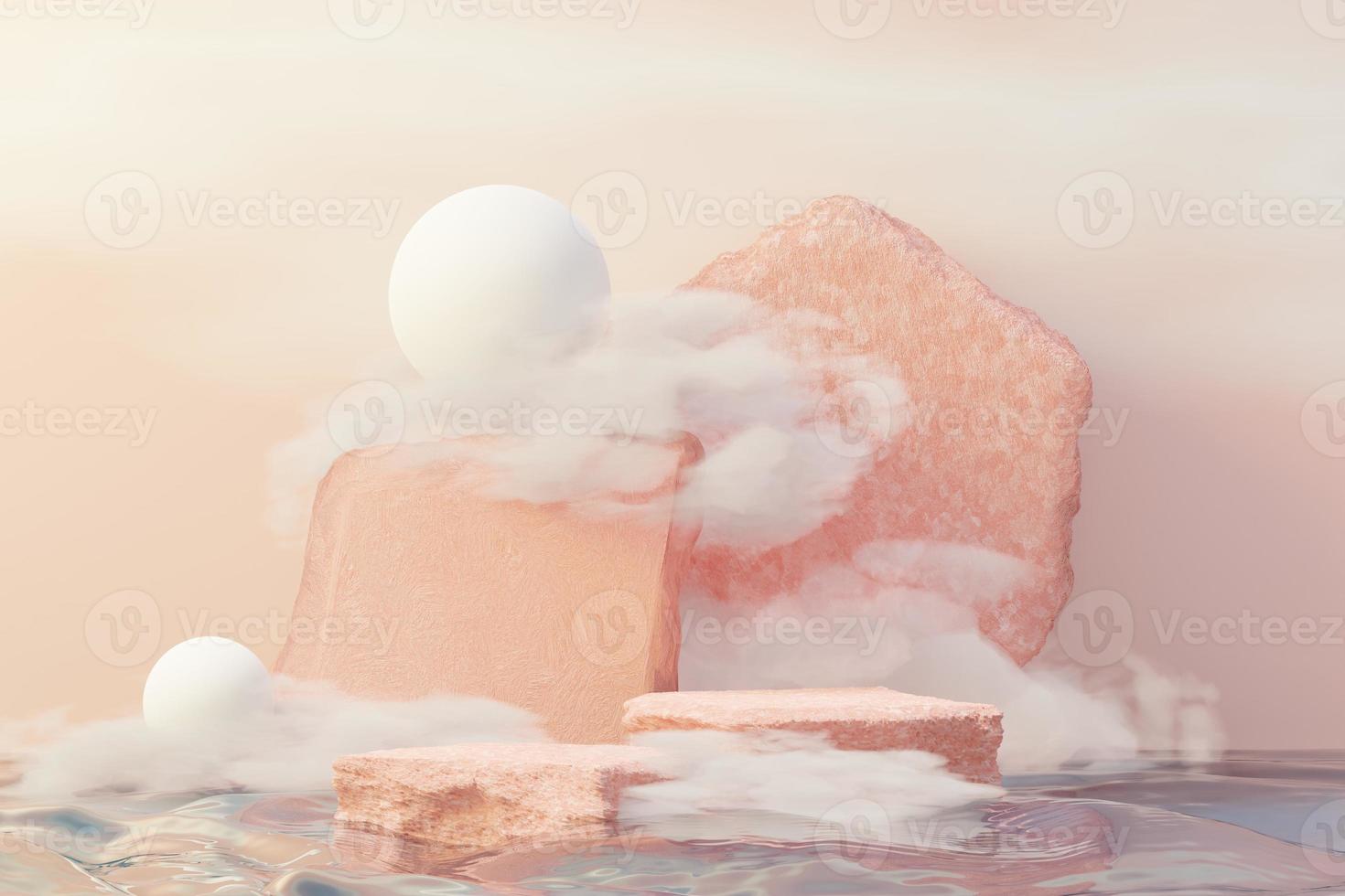 3d Beauty premium pedestal product display with Dreaming land and fluffy cloud. Minimal pink sky and clouds scene for present product promotion and beauty cosmetics. Romance land of Dreams concept. photo