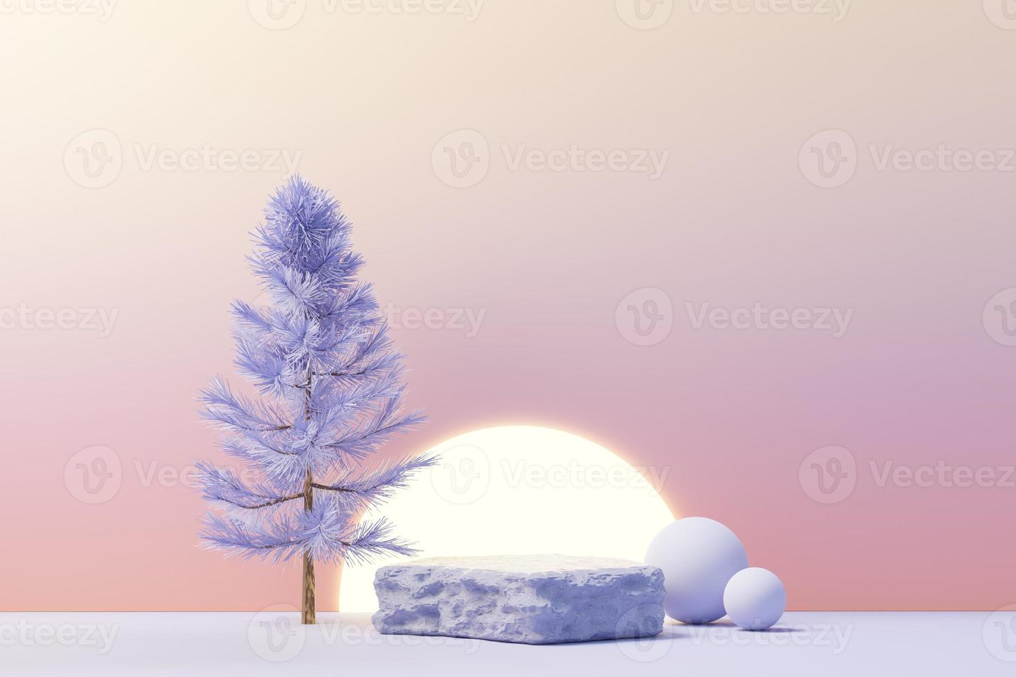 3d render of Beauty podium with Very Peri color of the year 2022 design for product presentation and advertising. Minimal pastel sky and Dreamy land scene. Romance concept. photo