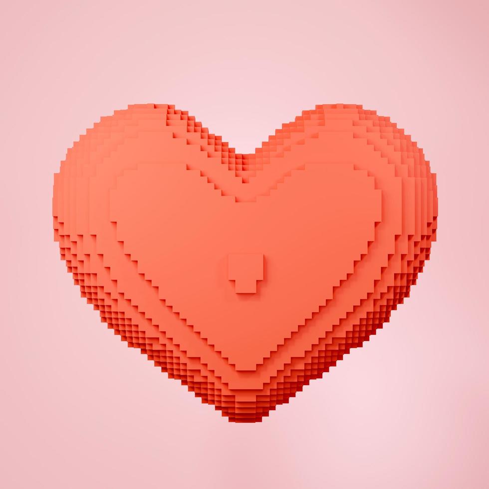 Representación 3d del icono del corazón de píxeles en un fondo limpio para maquetas y banner web. diseño de interfaz de dibujos animados. concepto de metaverso mínimo. foto