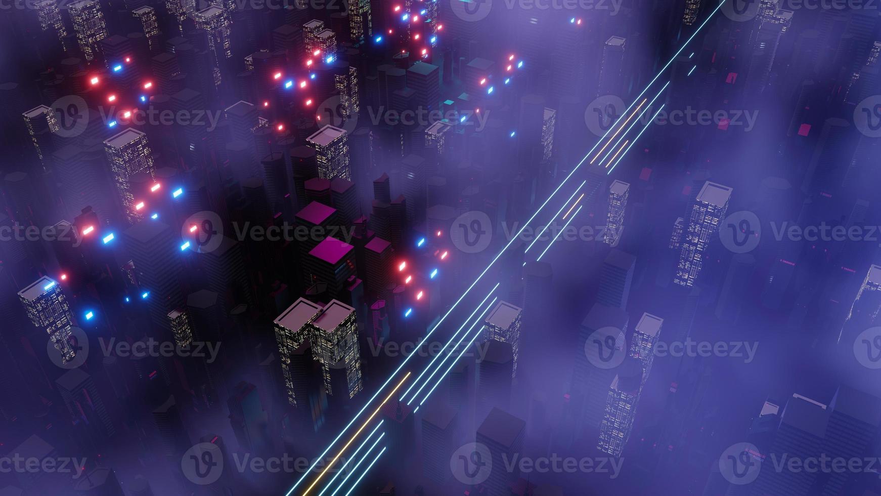 Representación 3D del concepto de paisaje de la ciudad de la noche cyber punk. luz que brilla intensamente en la escena oscura. la vida nocturna. red de tecnología para 5g. más allá de la generación y futurista de la ciudad capital de ciencia ficción y la escena de la construcción. foto