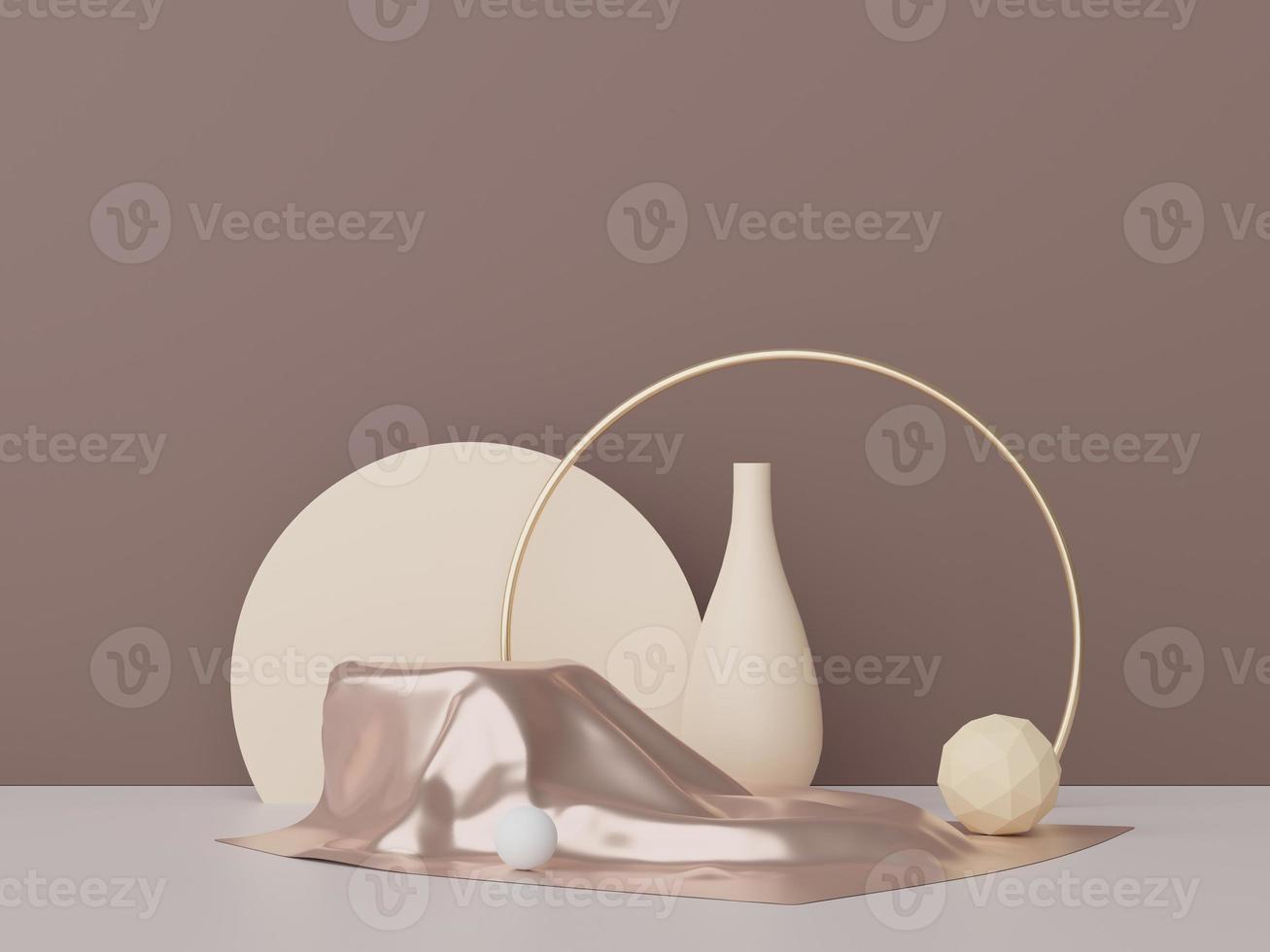 3d render of minimal display podium with metallic cloth design for mock up and product presentation. Pedestal stage with pastel color scene. Trendy design for mock up and web banner. photo