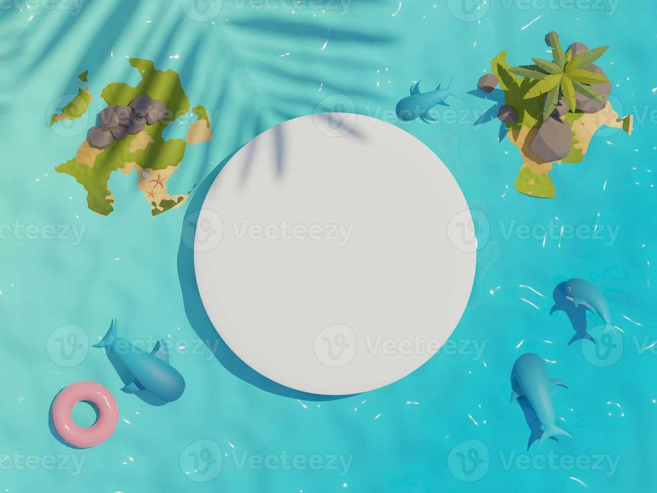 3d render top view of white blank cylinder frame for mock up and display products with summer beach scene and shadow of palm leaves. Summer time season background. photo