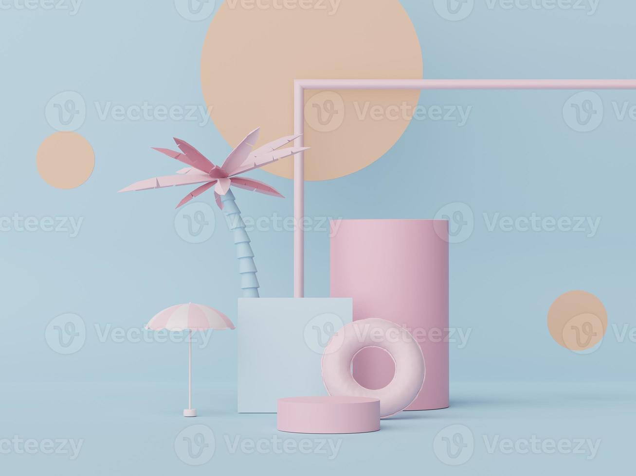 3d render of minimal display podium with summer season background concept. Minimalist pedestal for web banner and mock up. photo