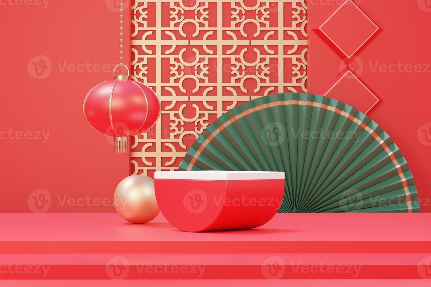 3d rendering of minimal scene of blank podium with Chinese lunar new year theme. Display stand for product presentation mock up. Chinese traditional texture. photo