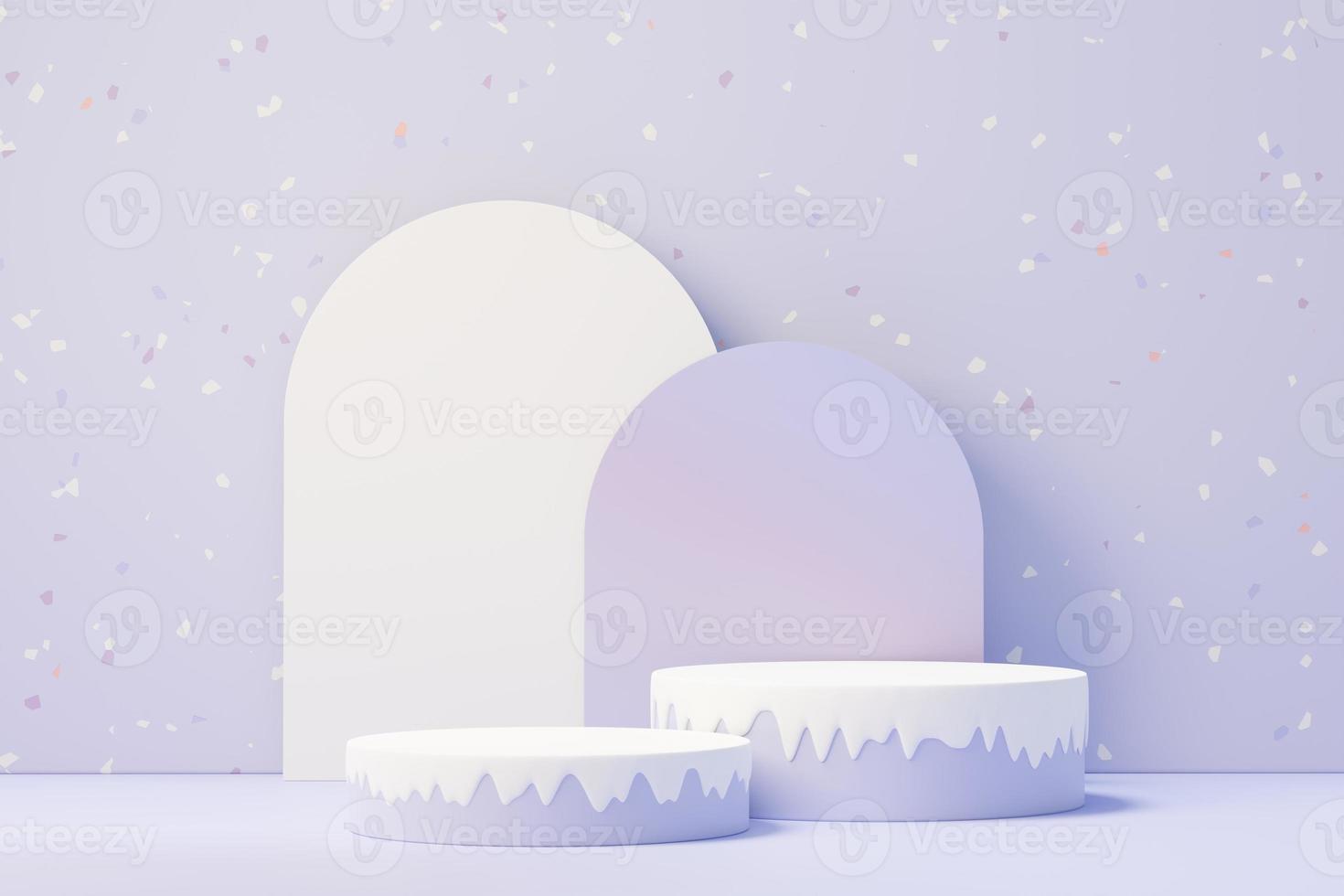 3d render of Beauty podium with Very Peri color of the year 2022 design for product presentation and advertising. Minimal pastel sky and Dreamy land scene. Romance concept. photo