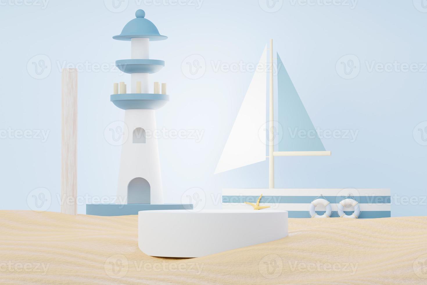 3d render soporte de podio de venta de verano para mostrar el producto. escena de vacaciones en la playa en verano para maquetas. foto