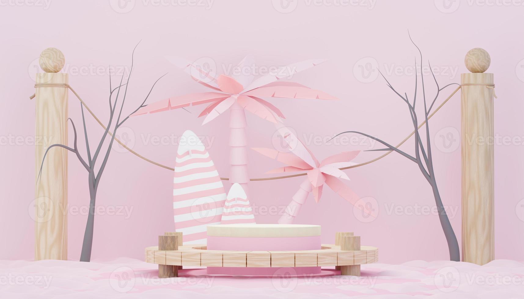 3d render minimal podium background for show and sales products. Hello Summer season scene design concept. Abstract Vacant pedestal for presentation and advertising. Beach Vacations in Summer. photo