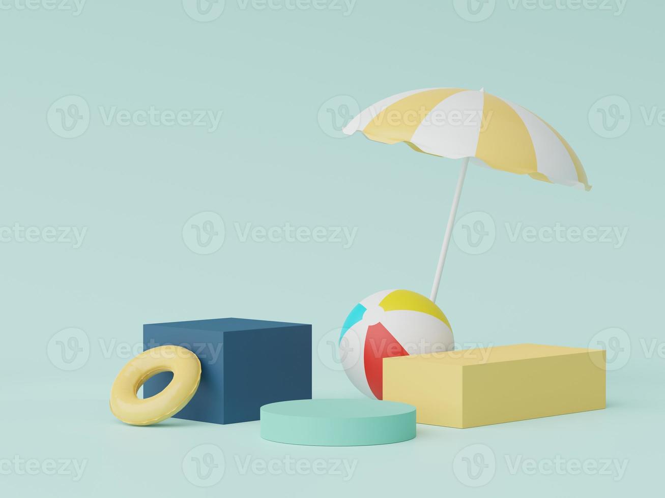 3d render of Abstract minimal  display podium for showing products or cosmetic presentation with summer beach scene. Summer time. photo