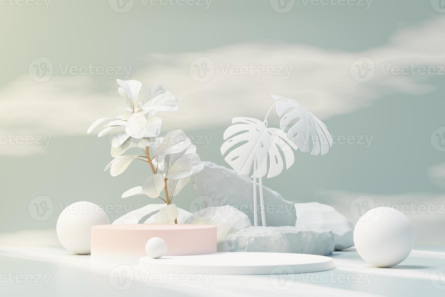 3d render of abstract pedestal podium display with Tropical leaves and Blue sky clouds pastel and plant scene. Product and promotion concept for advertising. Blue pastel natural background. photo