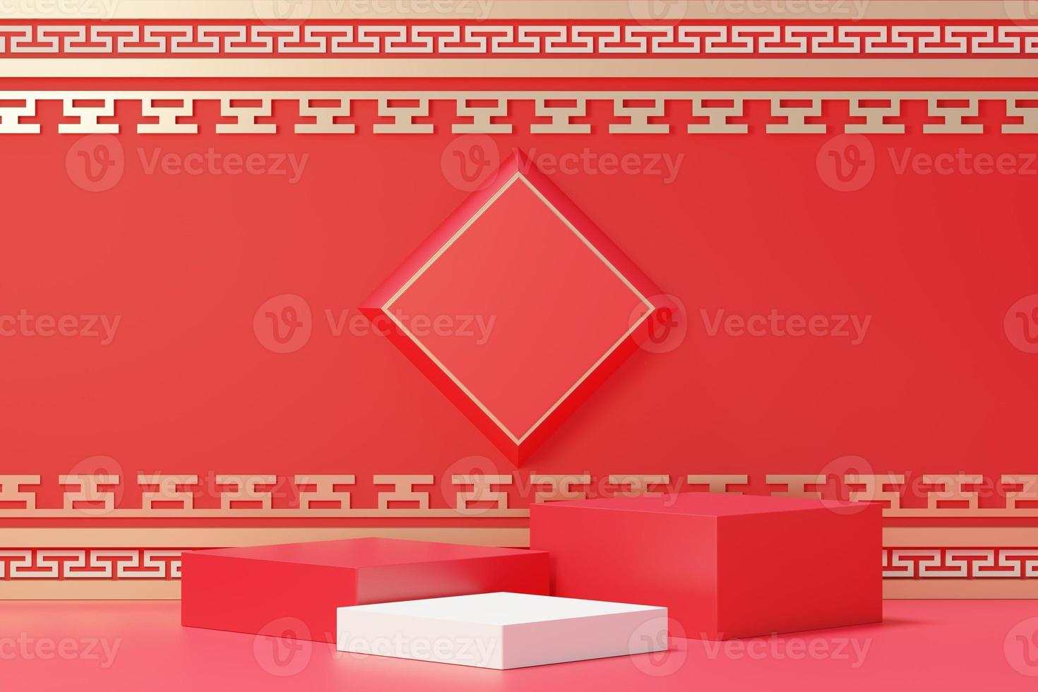 3d rendering of minimal scene of blank podium with Chinese lunar new year theme. Display stand for product presentation mock up. Chinese traditional texture. photo