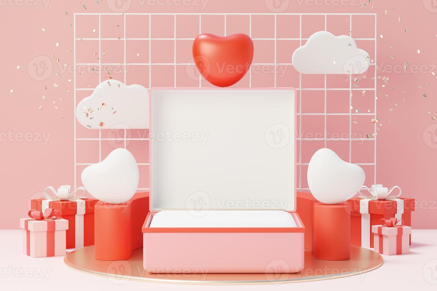 Representación 3D de escena dulce mínima con podio de visualización para maquetas y presentación de marca de producto. soporte de pedestal rosa para el tema del día de san valentín. lindo fondo de corazón encantador. estilo de diseño del día del amor. foto