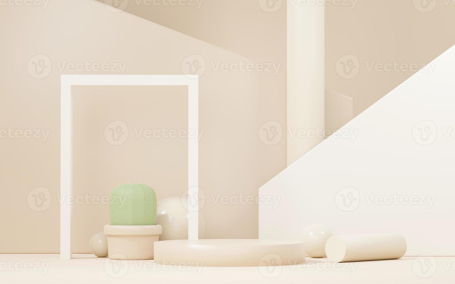 Podio de crema marrón simulado en 3d con mini tema de desierto de cactus y arena. pedestal para presentación de productos y cosméticos. escena colorida abstracta para publicidad. fondo de promoción de venta. foto