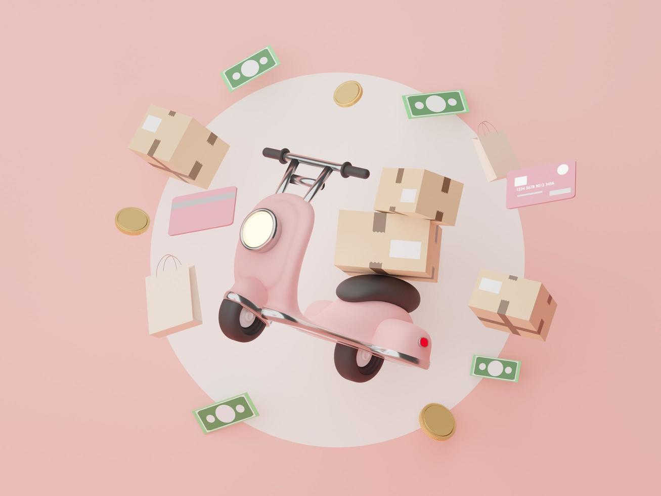 3d render of pastel Scooter delivery for mock up and creative design. Shopping online concept. Online delivery concept with pastel background. Packaging for express photo