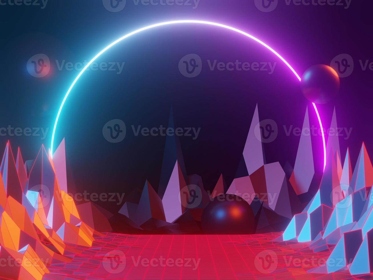 3d render of RGB neon light on darkness background. Abstract Laser lines show at night. Ultraviolet spectrum beam scene photo