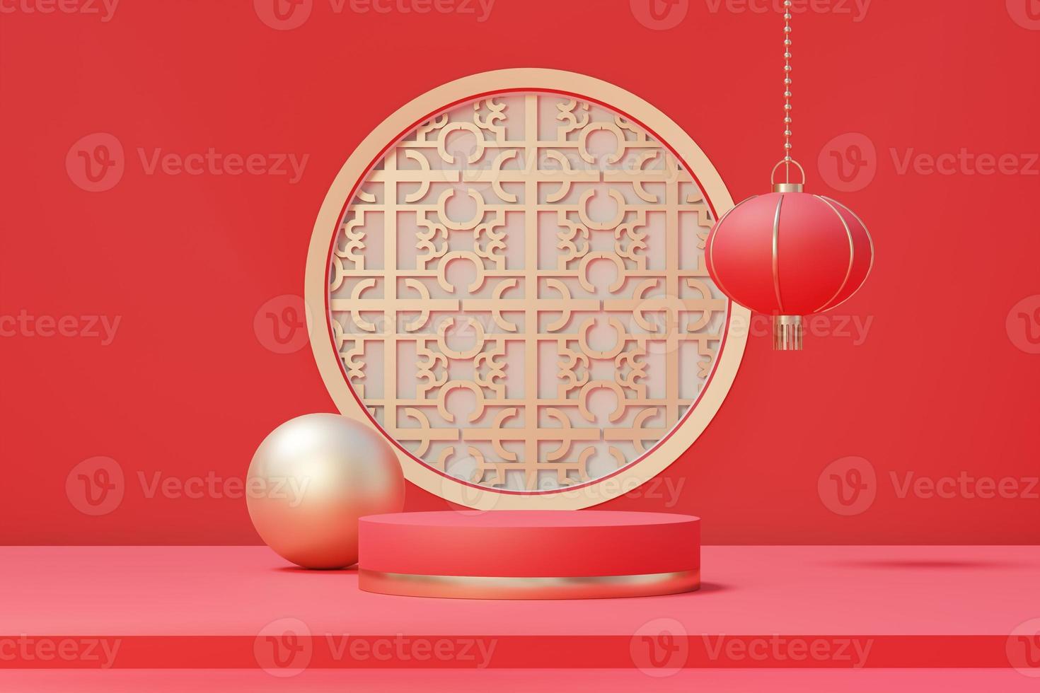 3d rendering of minimal scene of blank podium with Chinese lunar new year theme. Display stand for product presentation mock up. Chinese traditional texture. photo