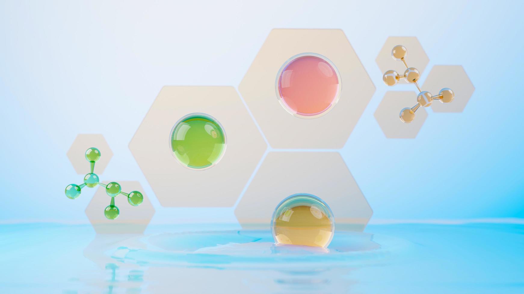 3d render of simple chemical bond in side cell or molecules. The associated of atoms, ions, bond and molecules. Liquid drop bubble background. Covalent bond. Biochemical interaction. photo