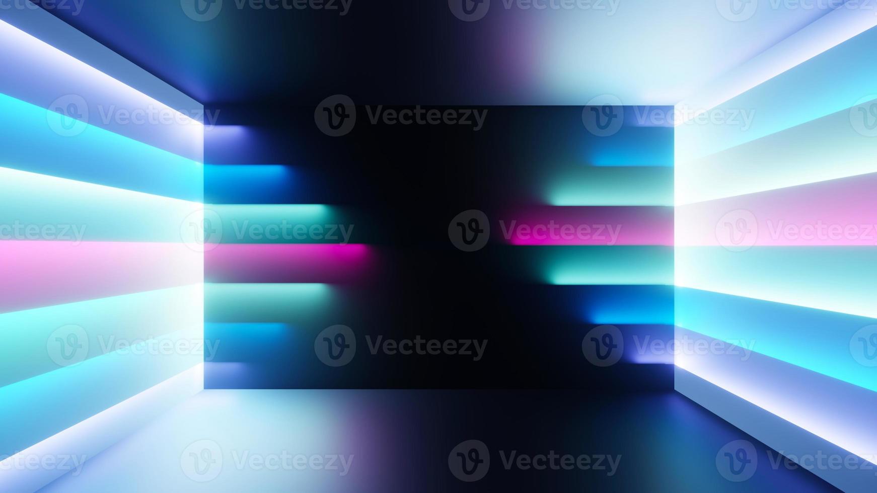 3d render of flash neon and light glowing on dark scene. Speed light moving lines. photo