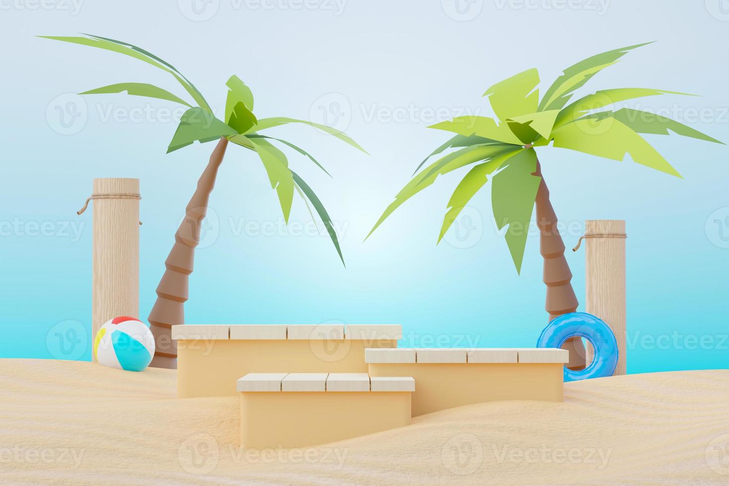 3d render soporte de podio de venta de verano para mostrar el producto. escena de vacaciones en la playa en verano para maquetas. foto