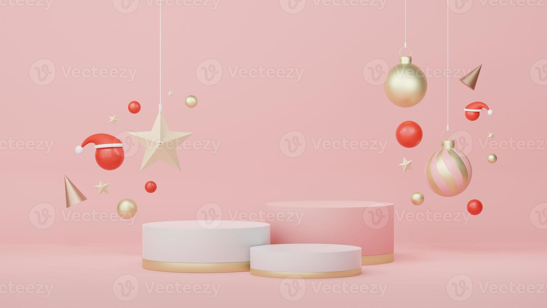 3d Display Podium for product and cosmetic presentation with Merry Christmas and Happy new year concept. Modern geometric. Platform for mock up and showing brand. Minimal clean design. photo