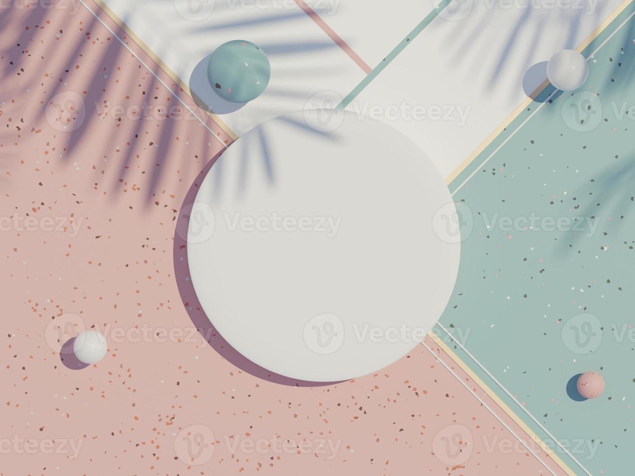 3d render top view of white blank cylinder frame for mock up and display products with shadows of palm leaves, earth tone, and terrazzo wall background. Creative idea concept. photo