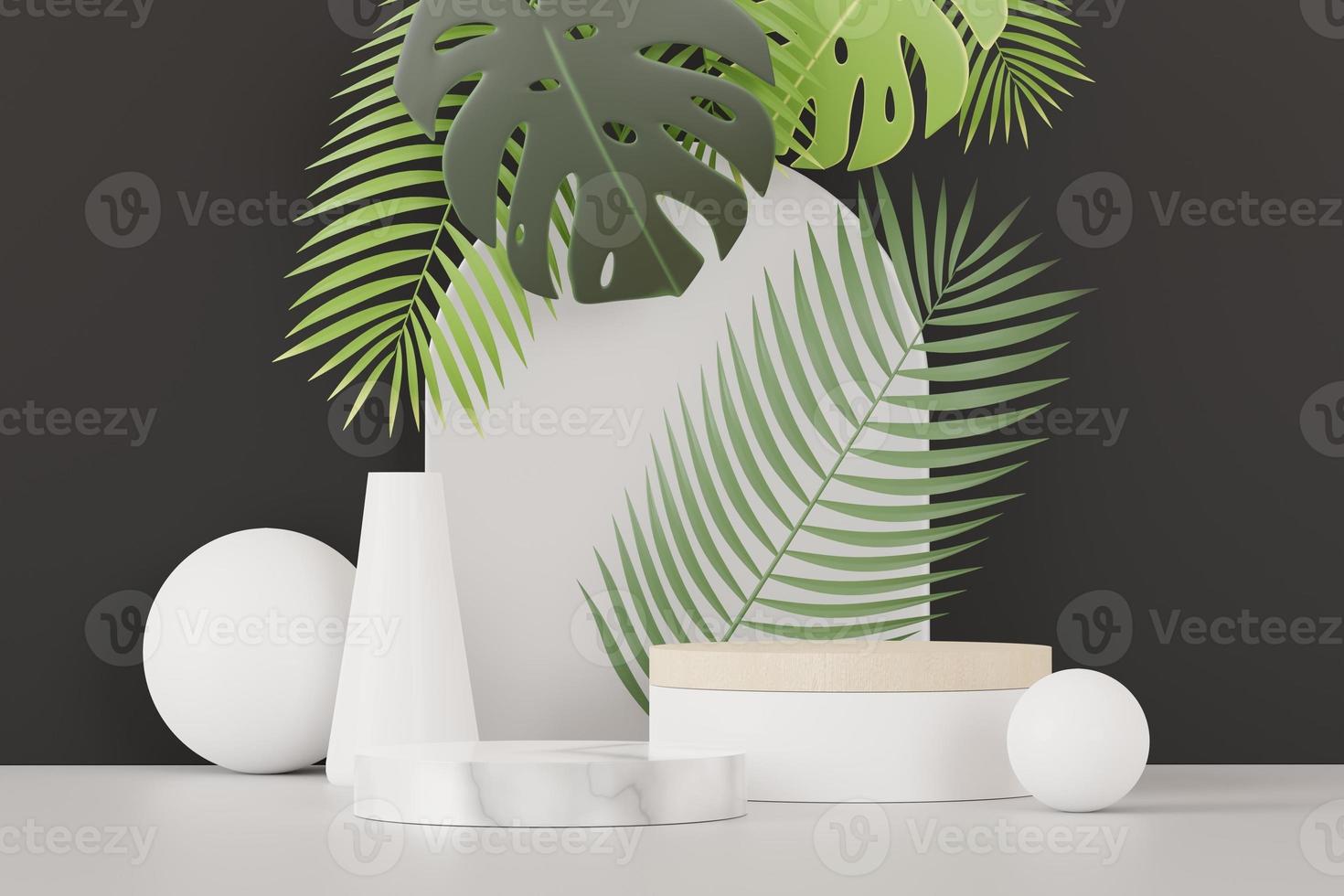 Representación 3d de la pantalla de podio de pedestal abstracto con hojas de monstera tropical. concepto de producto y promoción para publicidad. fondo natural verde. foto