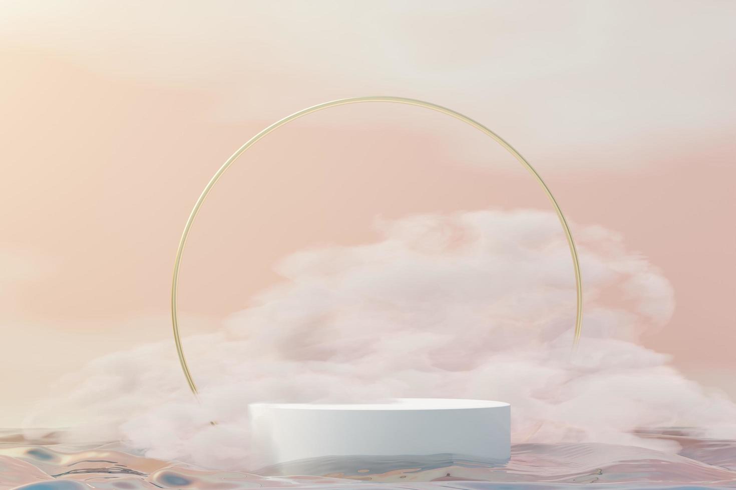 3d Beauty premium pedestal product display with Dreaming land and fluffy cloud. Minimal blue sky and clouds scene for present product promotion and beauty cosmetics. Romance land of Dreams concept. photo