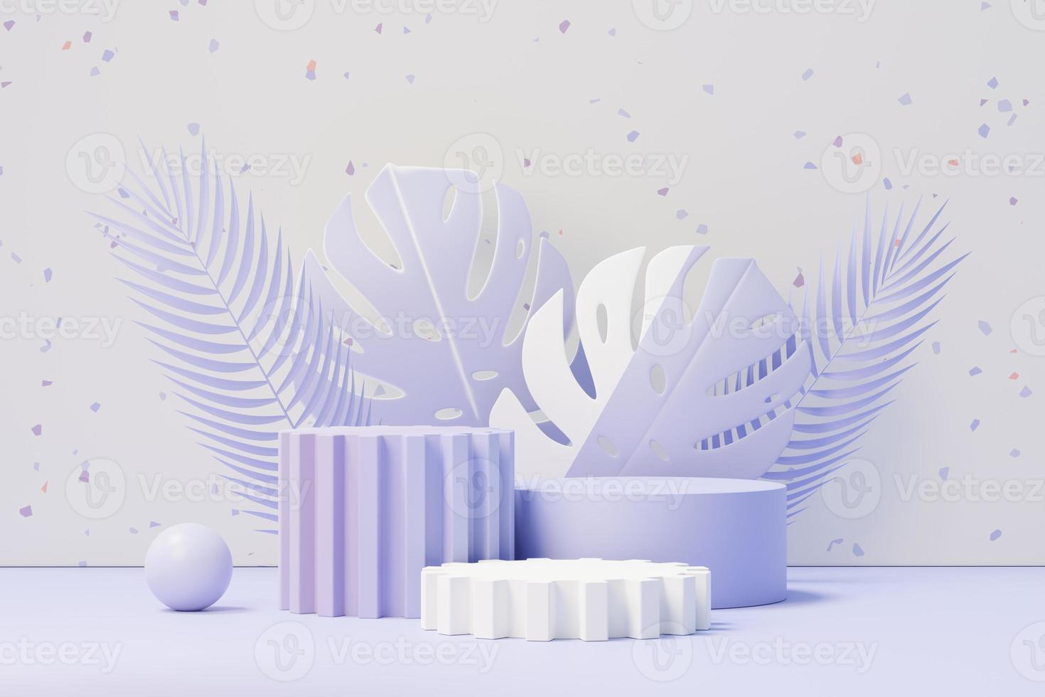 3d render of Beauty podium with Very Peri color of the year 2022 design for product presentation and advertising. Minimal pastel sky and Dreamy land scene. Romance concept. photo