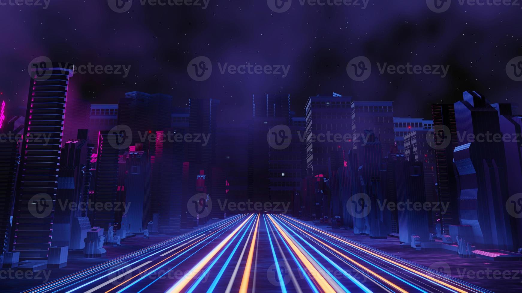 3d render of Cyber punk night city landscape concept. Light glowing on dark scene.  Night life. Technology network for 5g. Beyond generation and futuristic of Sci-Fi Capital city and building scene. photo