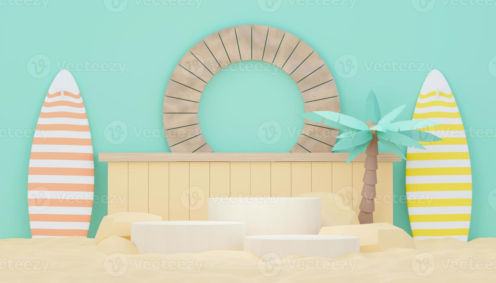 3d render minimal podium background for show and sales products. Hello Summer season scene design concept. Abstract Vacant pedestal for presentation and advertising. Beach Vacations in Summer. photo