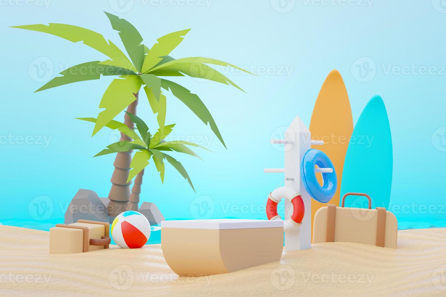 3d render soporte de podio de venta de verano para mostrar el producto. escena de vacaciones en la playa en verano para maquetas. foto