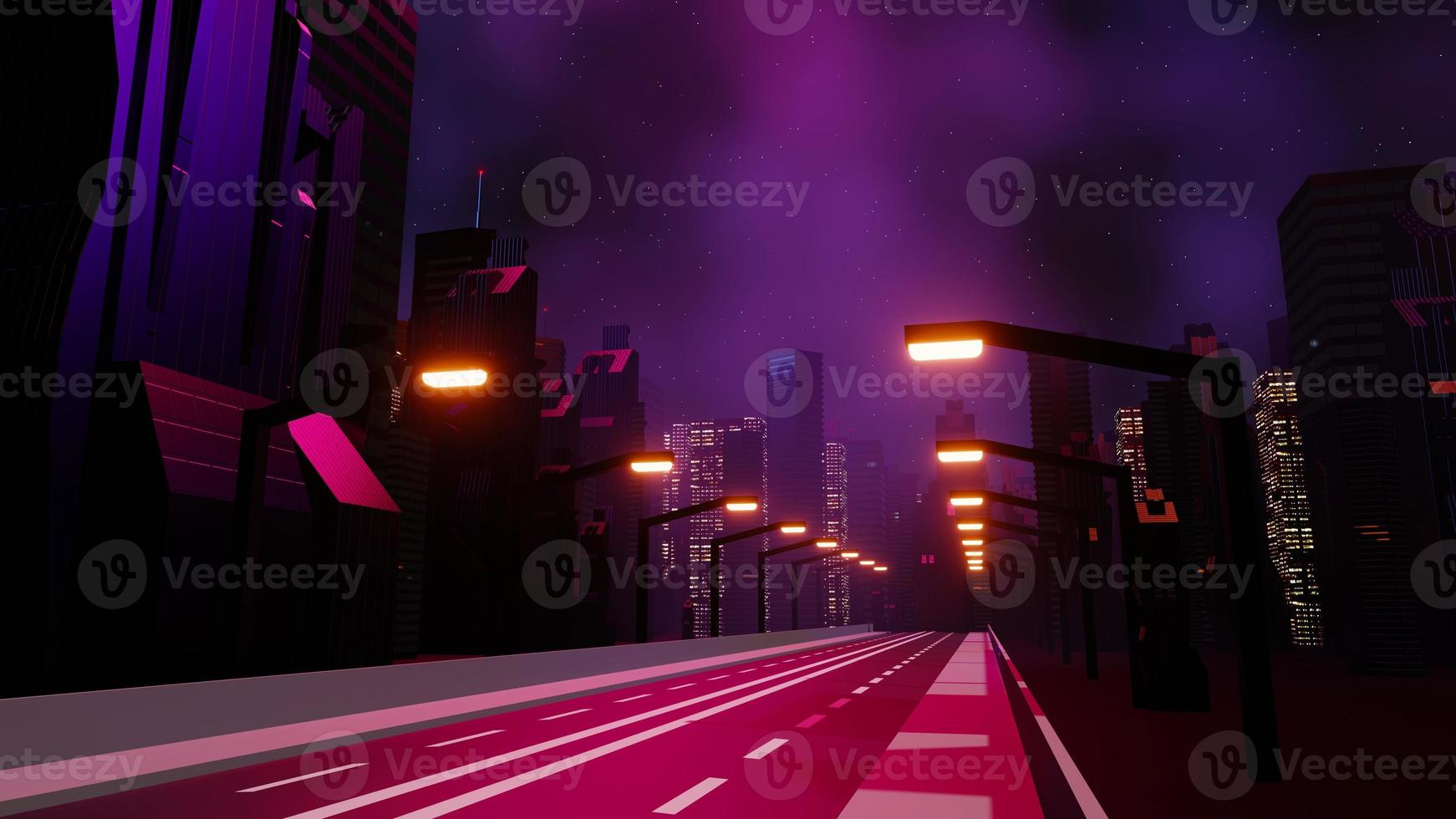 3d render of Cyber punk night city landscape concept. Light glowing on dark scene.  Night life. Technology network for 5g. Beyond generation and futuristic of Sci-Fi Capital city and building scene. photo