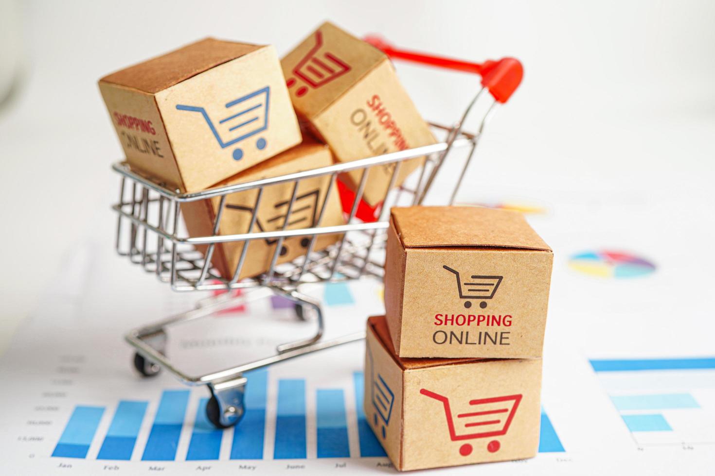 Online shopping, Shopping cart box on business graph, import export, finance commerce. photo