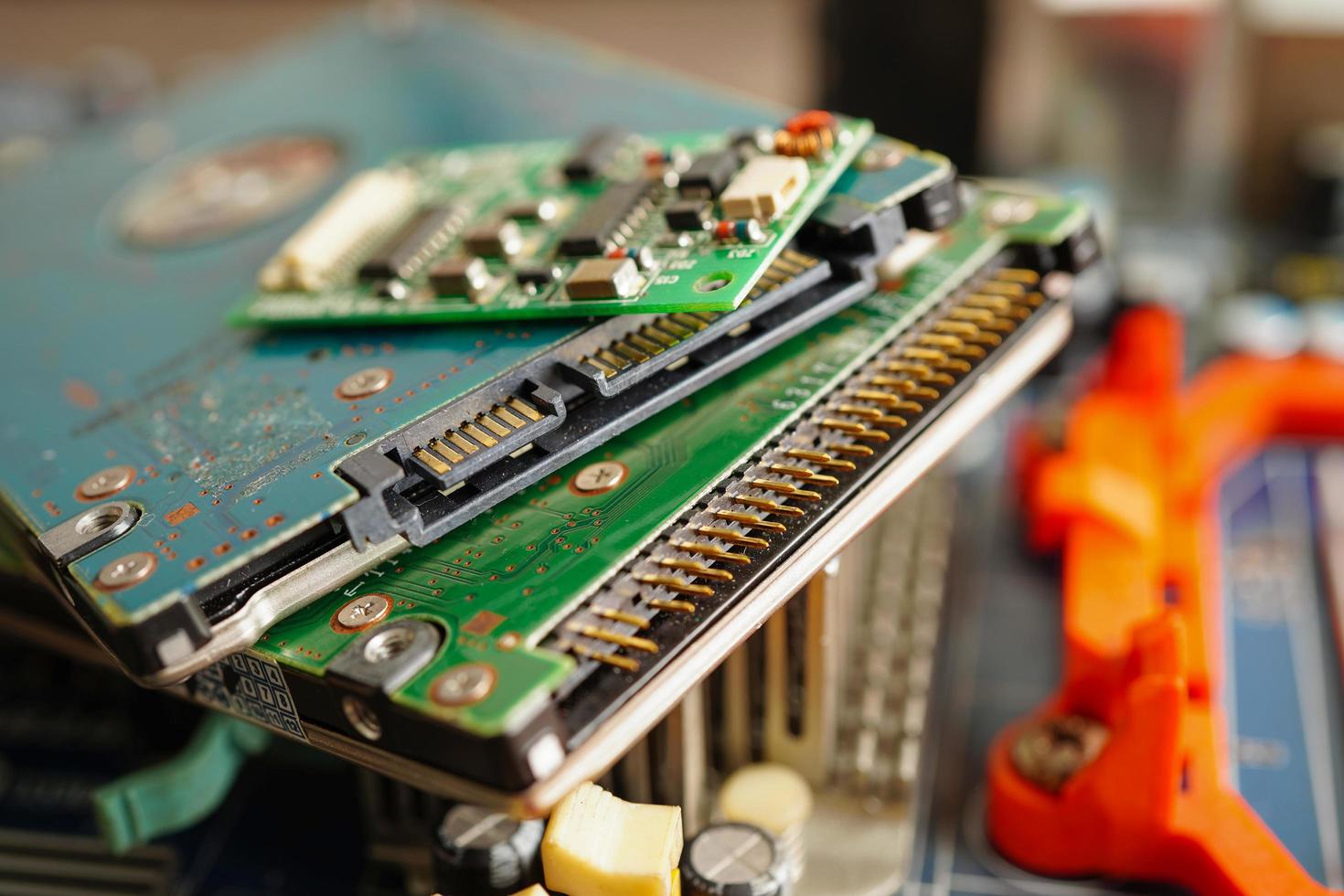 Repairing and upgrade circuit mainboard of notebook, electronic, computer hardware and technology concept. photo