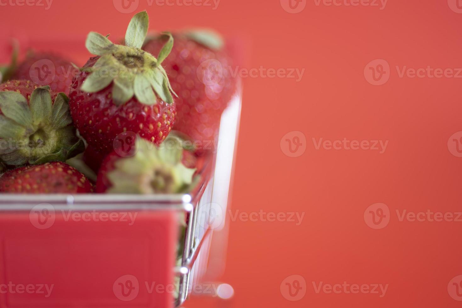 pequeño carro lleno de fresas maduras frescas sobre un fondo rojo. foto