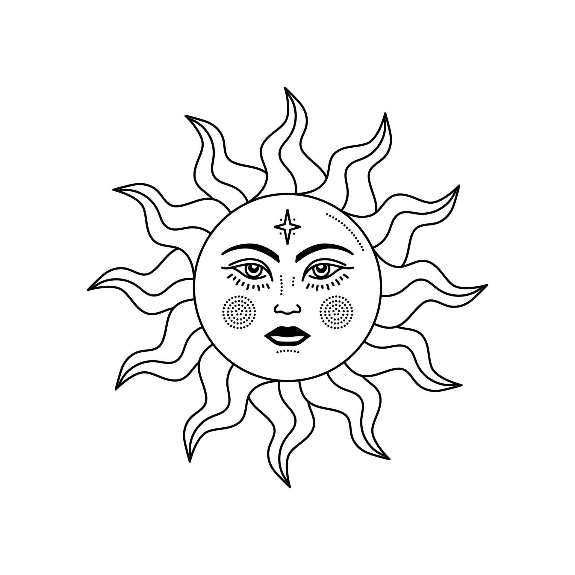 Celestial sun with face and opened eyes, stylized drawing, tarot card ...