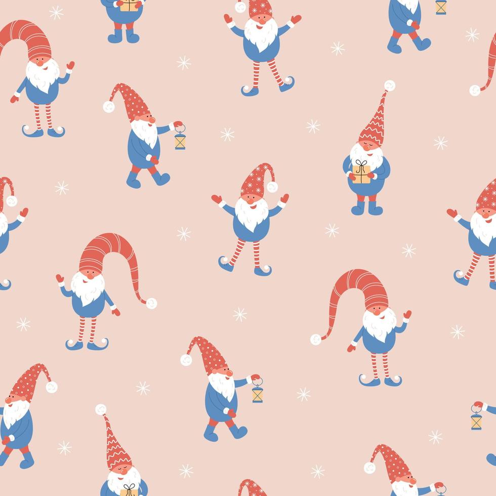 Cute christmas gnomes seamless pattern on pink background vector