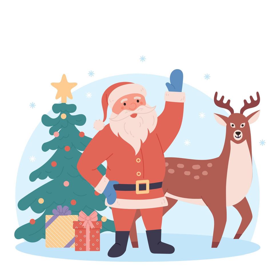 Funny santa with christmas tree, deer and presents. Christmas greeting card vector