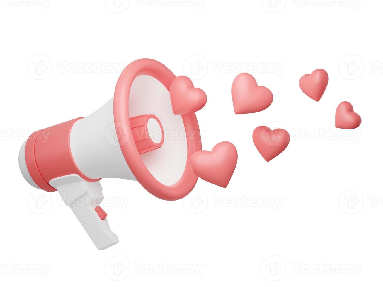 Loudspeaker with hearts 3d render - pink megaphone banner with love symbols. photo